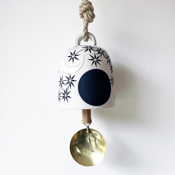 Thrown Bell Round: Sun Moon Stars Indigo w/ Brass Disc